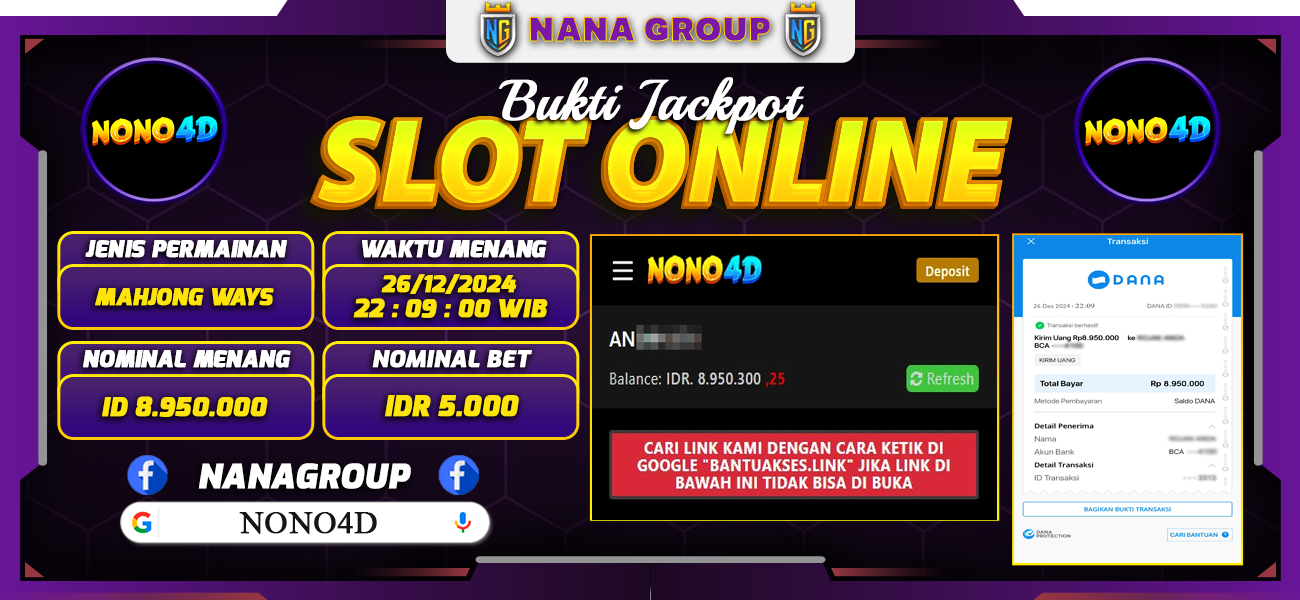 Bukti Kemenangan Besar Dibayar lunas Member NONO4D RP 8.950.000, 26 Desember 2024