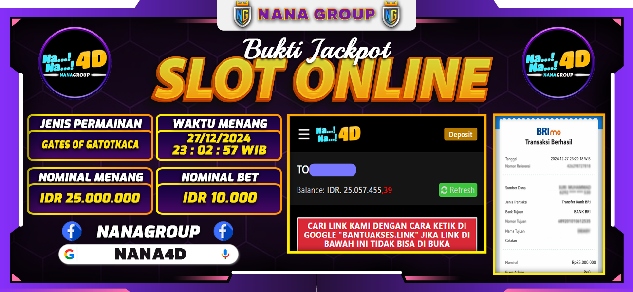 Bukti Kemenangan Besar Dibayar lunas Member NANA4D RP 25.000.000, 27 Desember 2024